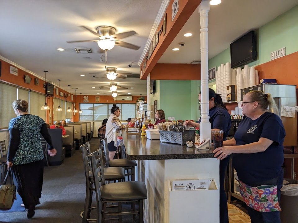 Roadside restaurant interior with a relaxed, homey feel.